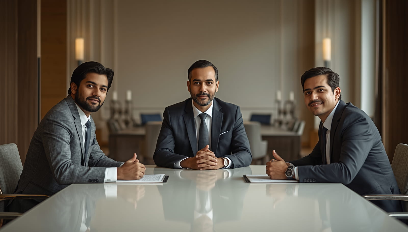 Three business professionals seated together in a boardroom