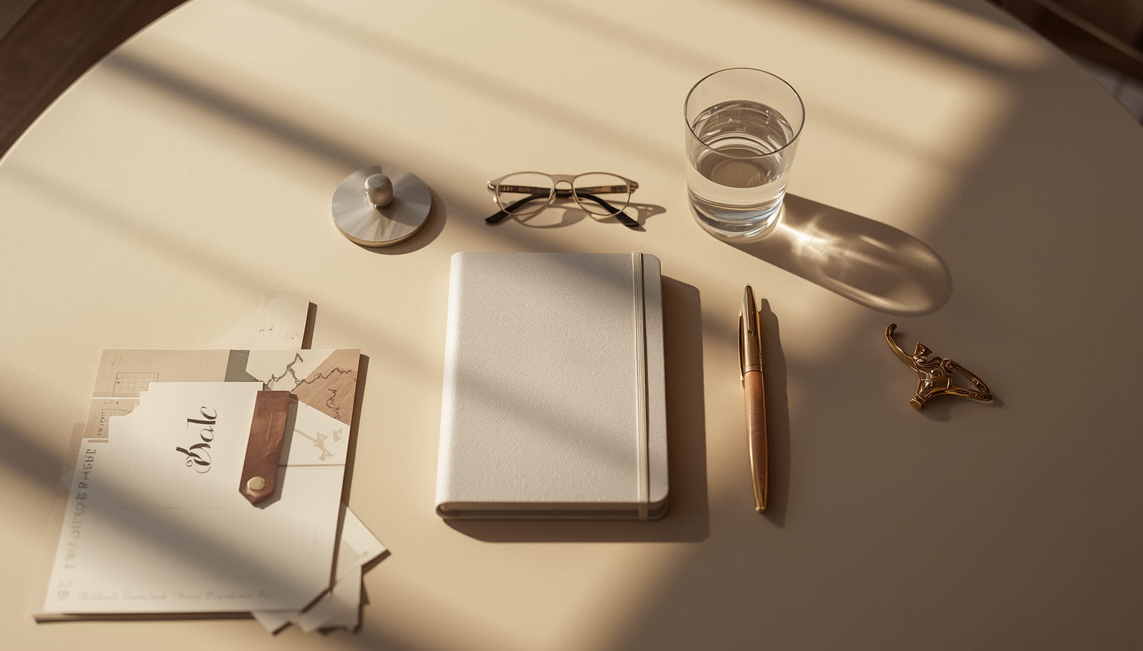 A financial planning desk scene — leather journal, fountain pen, glasses and a glass of water in warm daylight