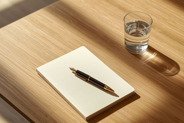 A quiet sunlit table with a closed notebook, fountain pen and a glass of water — calm financial planning ambience